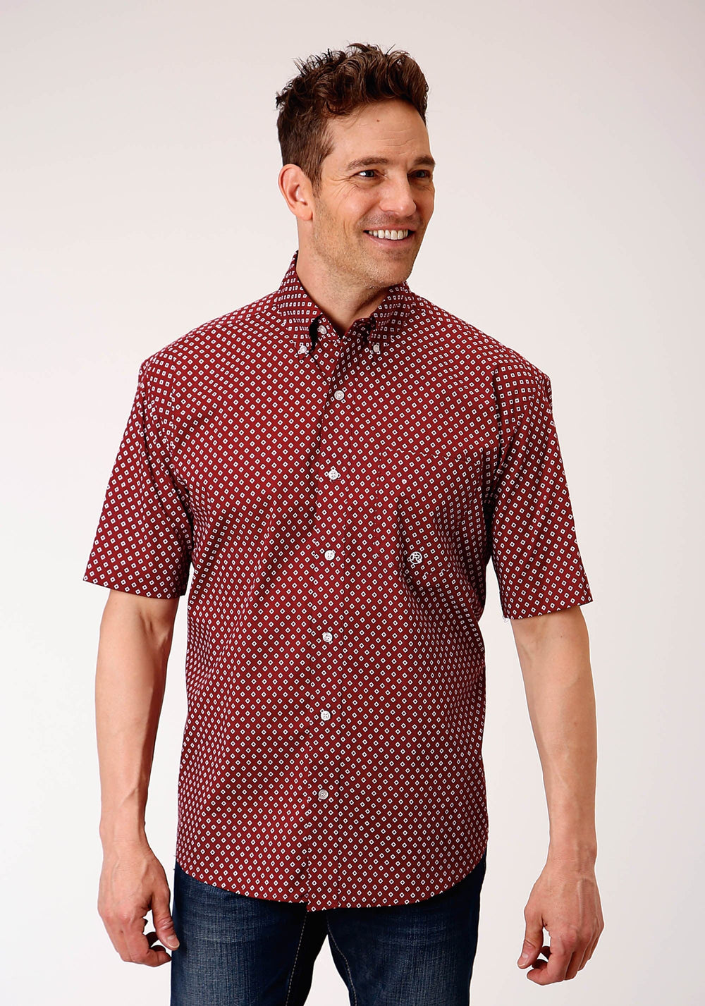 Roper Mens Short Sleeve Button Stretch Poplin Diamond Wine Western Shirt - Roper