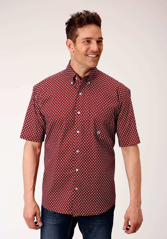 Roper Mens Short Sleeve Button Stretch Poplin Diamond Wine Western Shirt - Roper - Flyclothing LLC