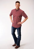 Roper Mens Short Sleeve Button Stretch Poplin Diamond Wine Western Shirt - Roper