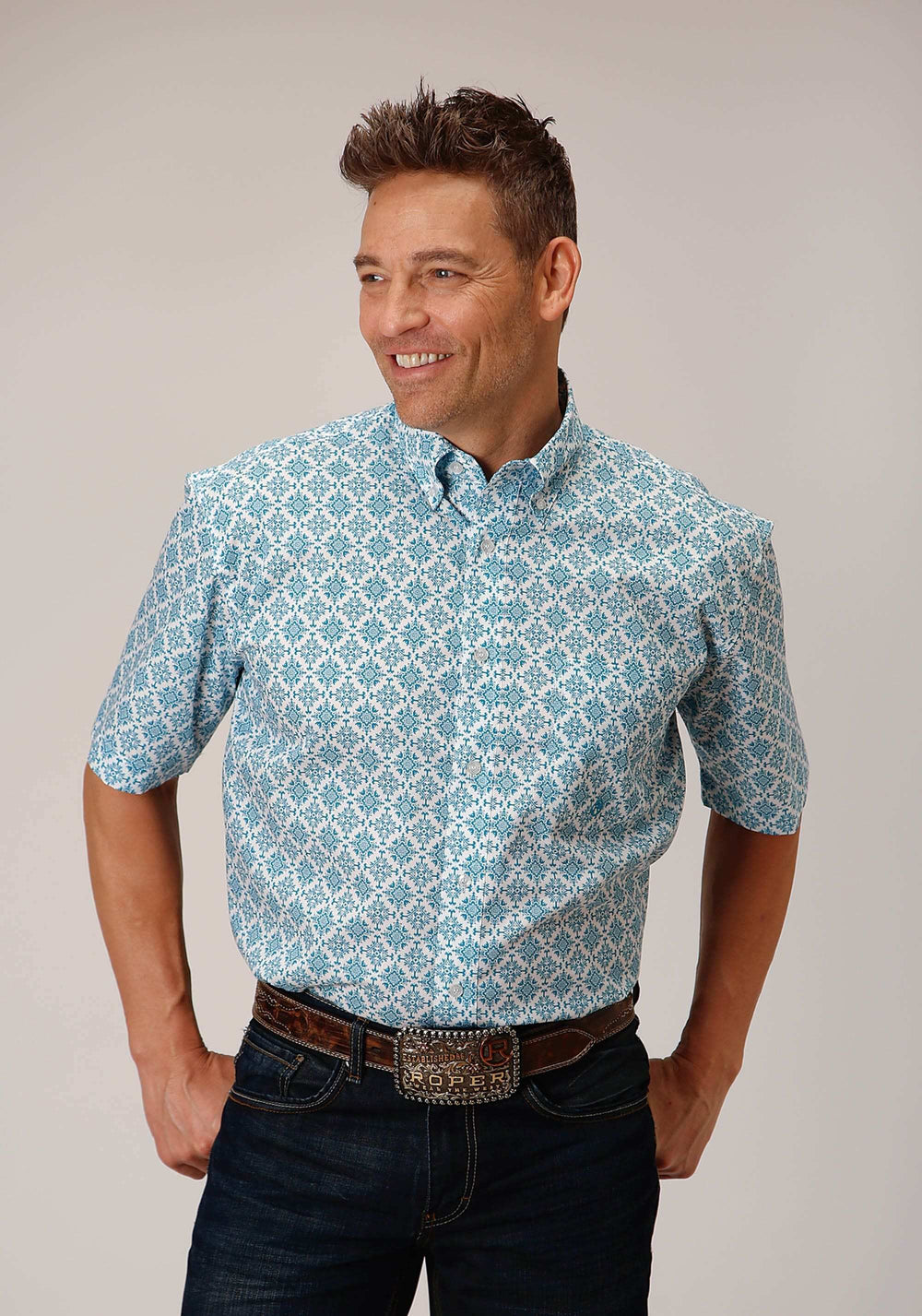 Roper Mens Short Sleeve Button Turquoise Medallion Western Shirt - Roper - Flyclothing LLC