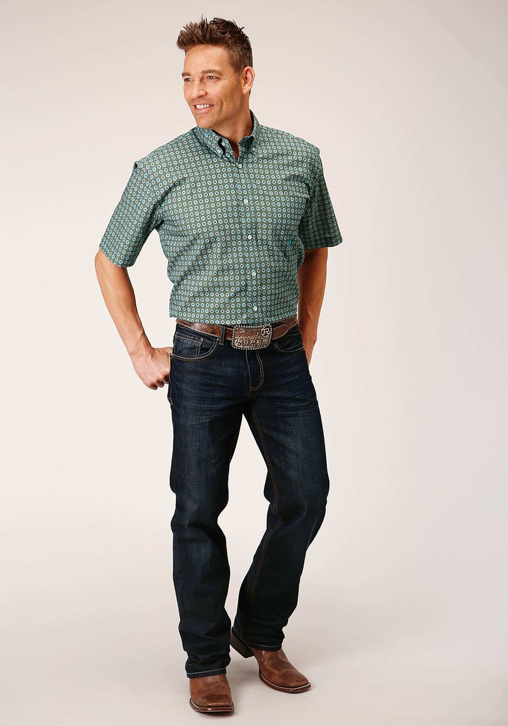 Roper Mens Short Sleeve Button Olive Foulard Western Shirt - Roper - Flyclothing LLC