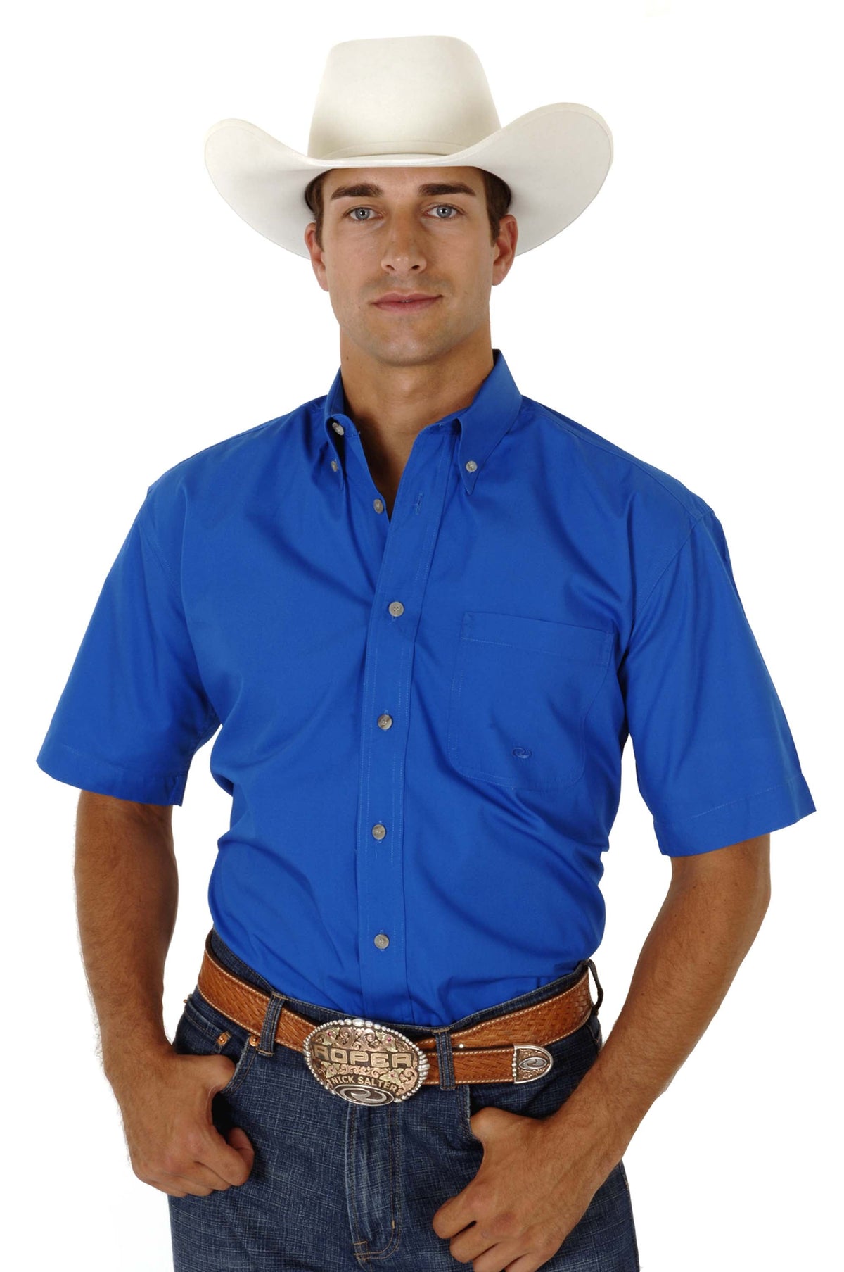 Roper Mens Royal Blue Solid Short Sleeve Western Button Shirt