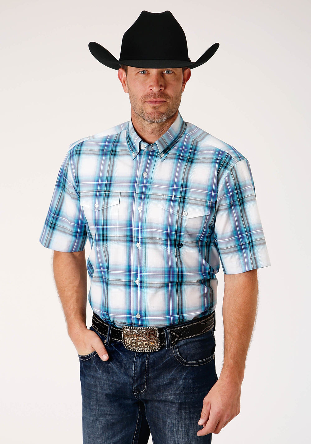 Roper Mens Short Sleeve Button Clear Sky Plaid Western Shirt - Roper