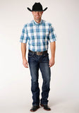 Roper Mens Short Sleeve Button Clear Sky Plaid Western Shirt - Roper