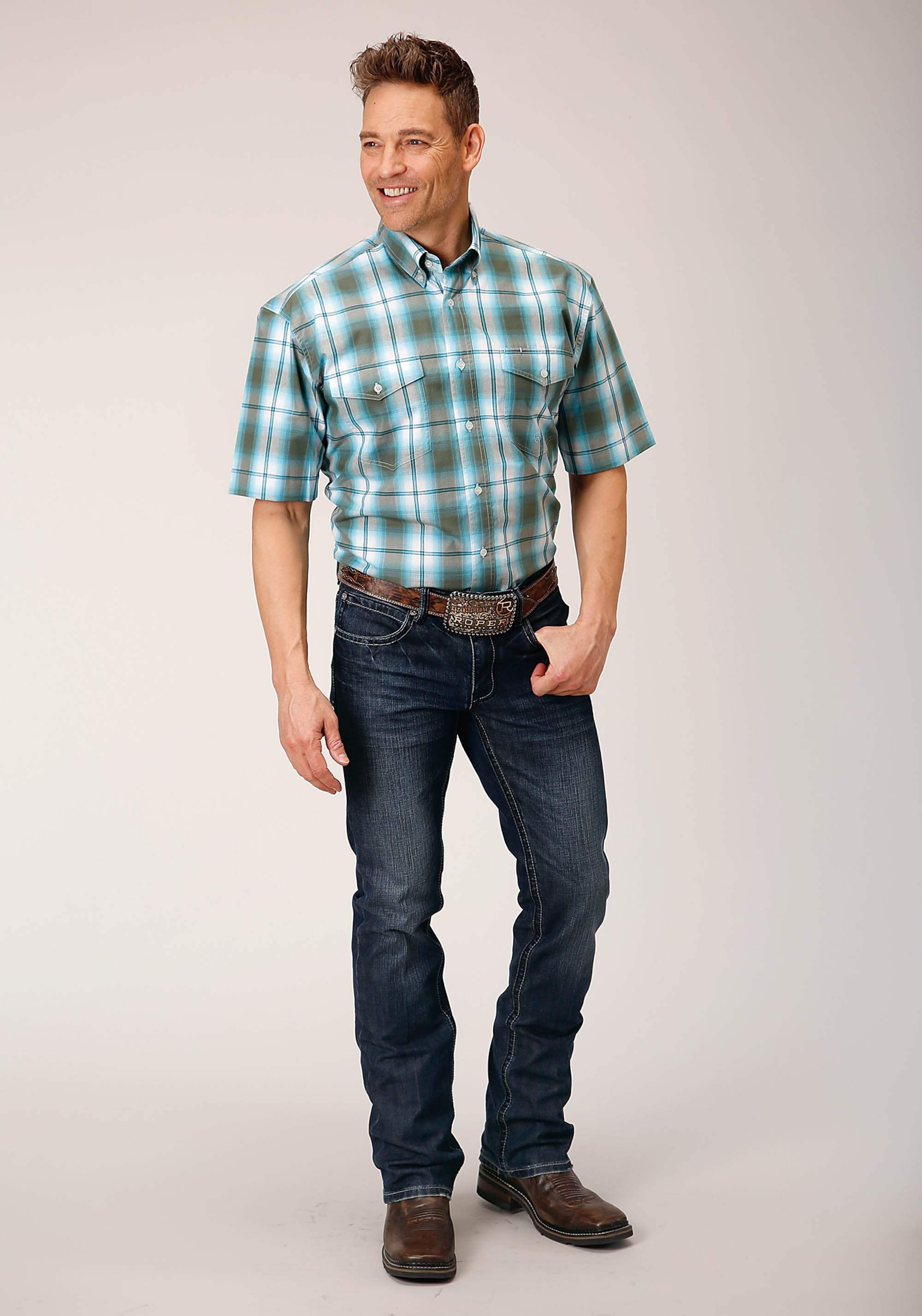 Roper Mens Short Sleeve Button Meadow Plaid Western Shirt - Roper - Flyclothing LLC
