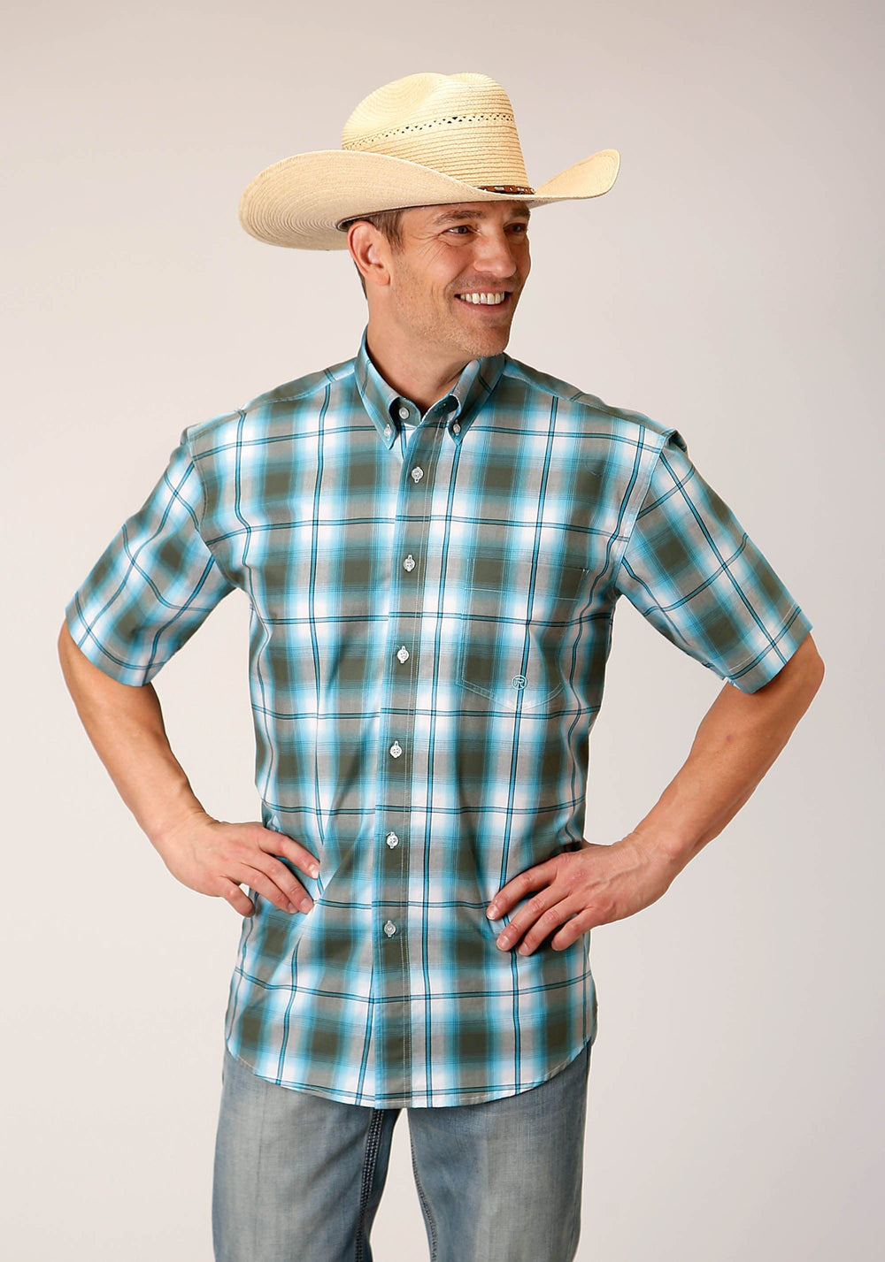 Roper Mens Short Sleeve Button Meadow Plaid Western Shirt - Roper