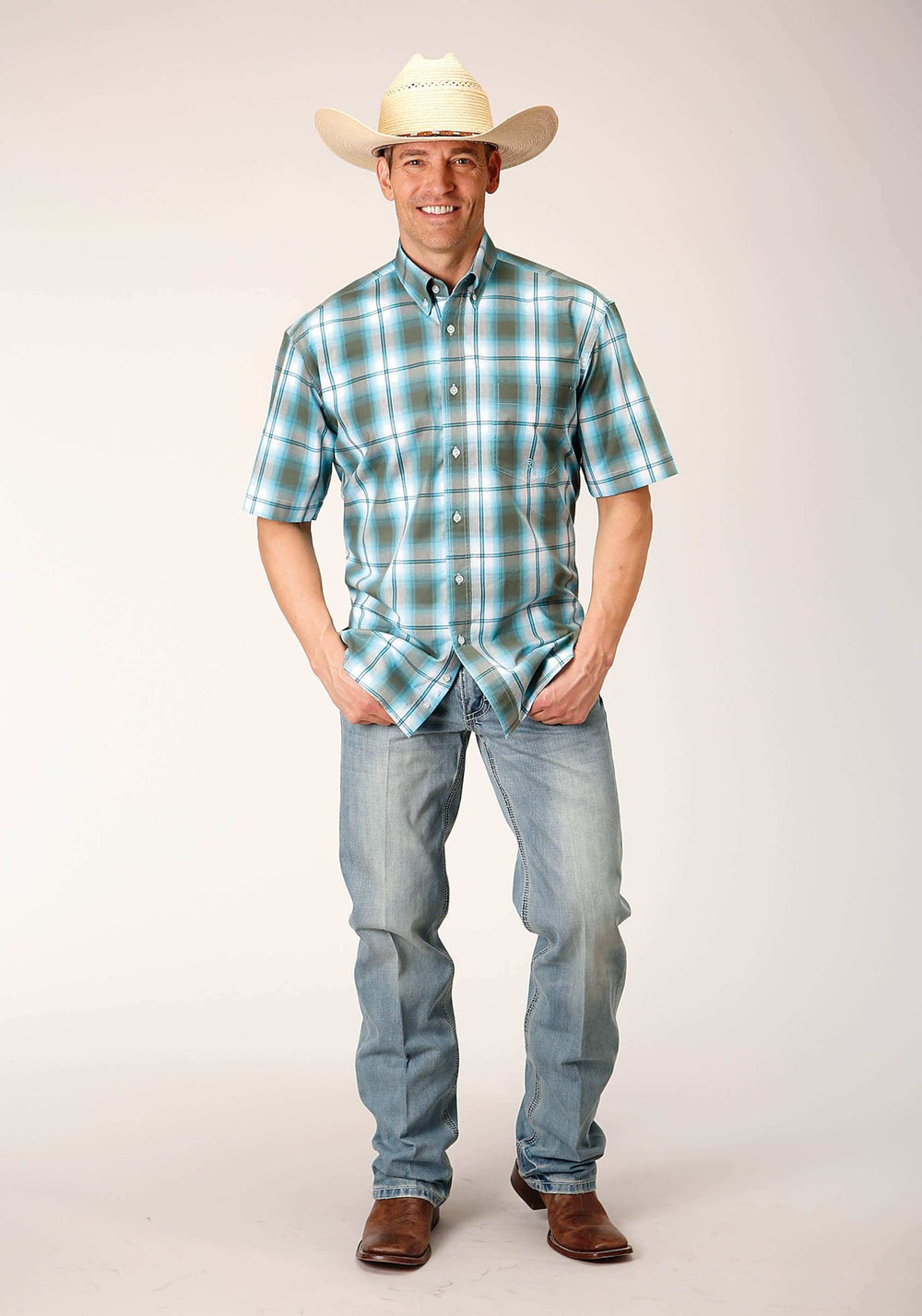 Roper Mens Short Sleeve Button Meadow Plaid Western Shirt - Roper - Flyclothing LLC