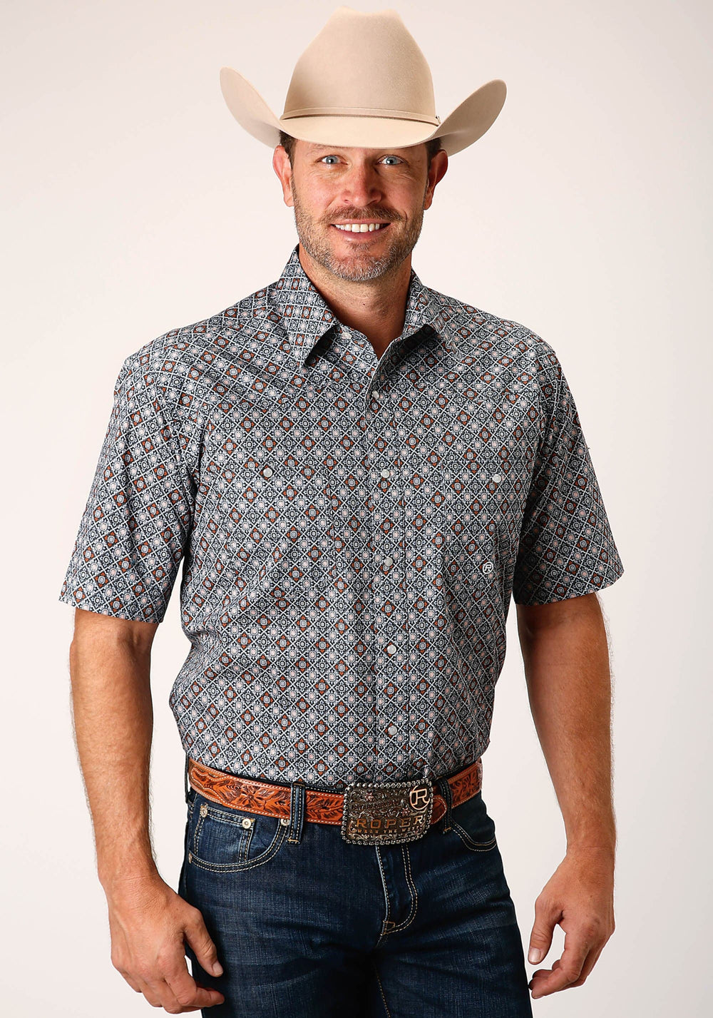 Roper Mens Short Sleeve Snap Silver Foulard Western Shirt - Tall Fit - Roper