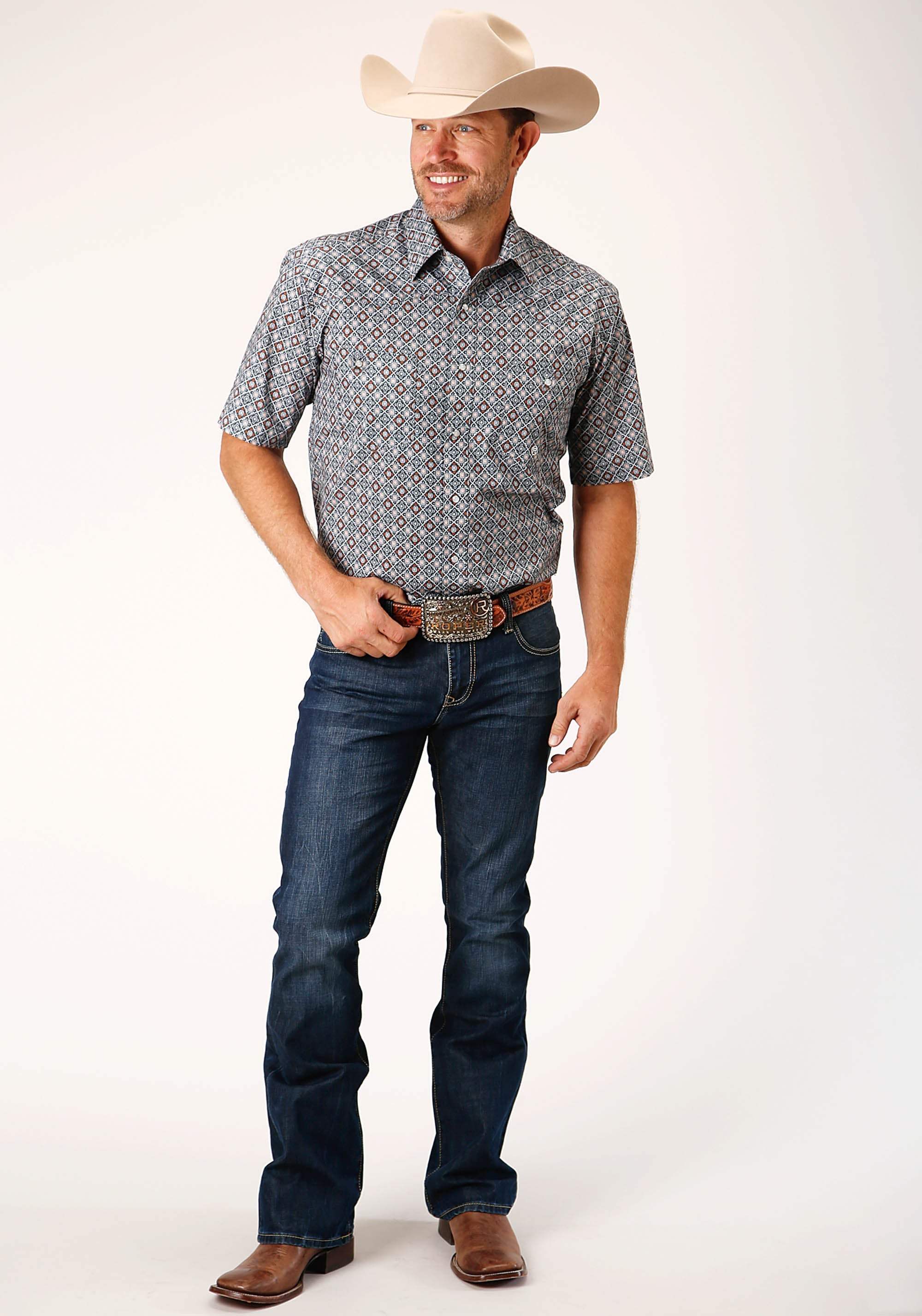 Roper Mens Short Sleeve Snap Silver Foulard Western Shirt - Tall Fit - Roper - Flyclothing LLC