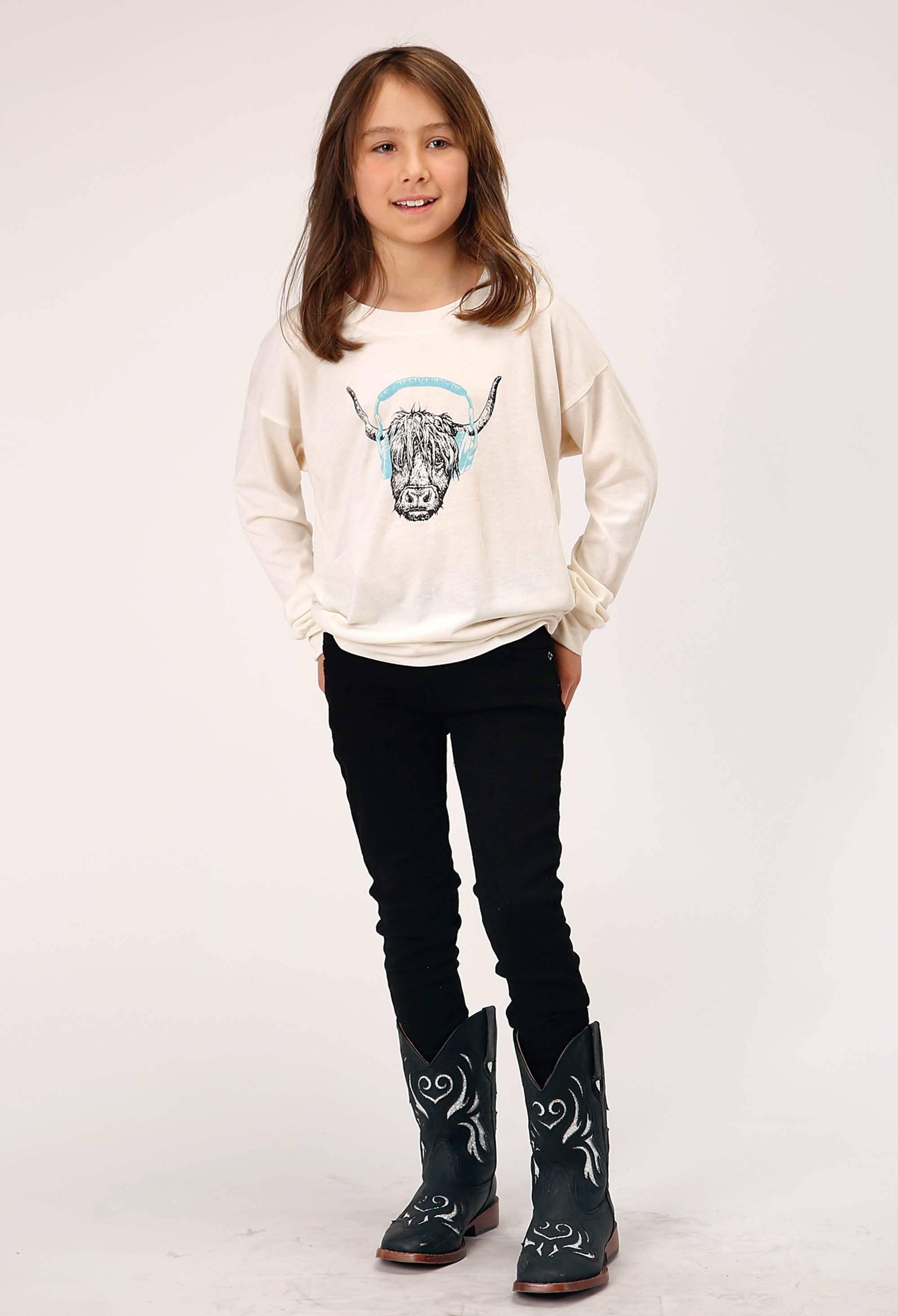 Roper Girls Long Sleeve Knit Poly Rayon Cream Boxy Fit T T-Shirt - Roper - Flyclothing LLC