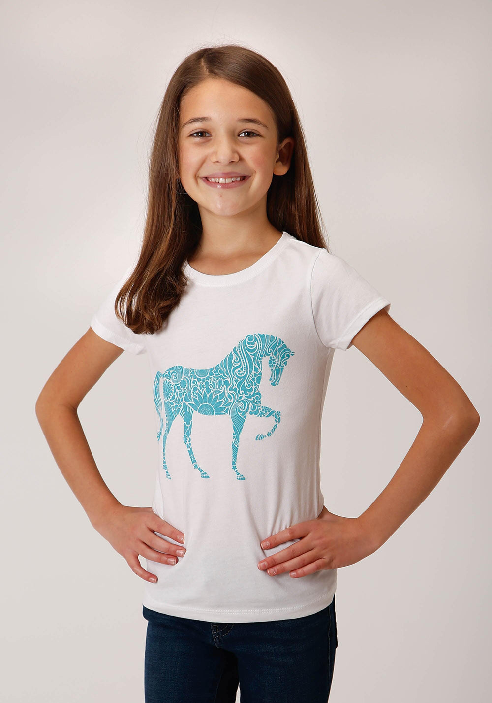 Roper Girls White With Turquoise Horse Screen Print Short Sleeve Knit T-Shirt - Roper