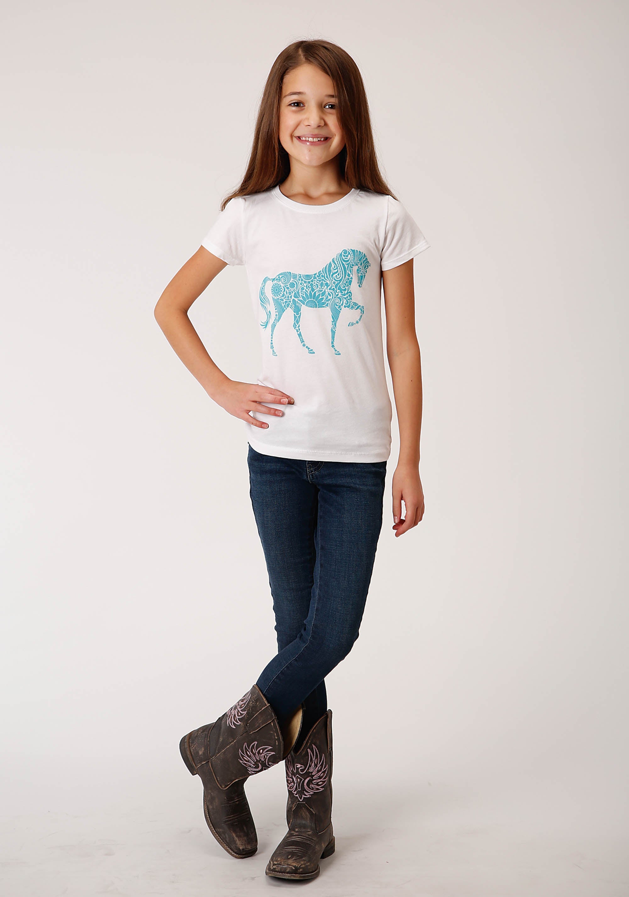 Roper Girls White With Turquoise Horse Screen Print Short Sleeve Knit T-Shirt