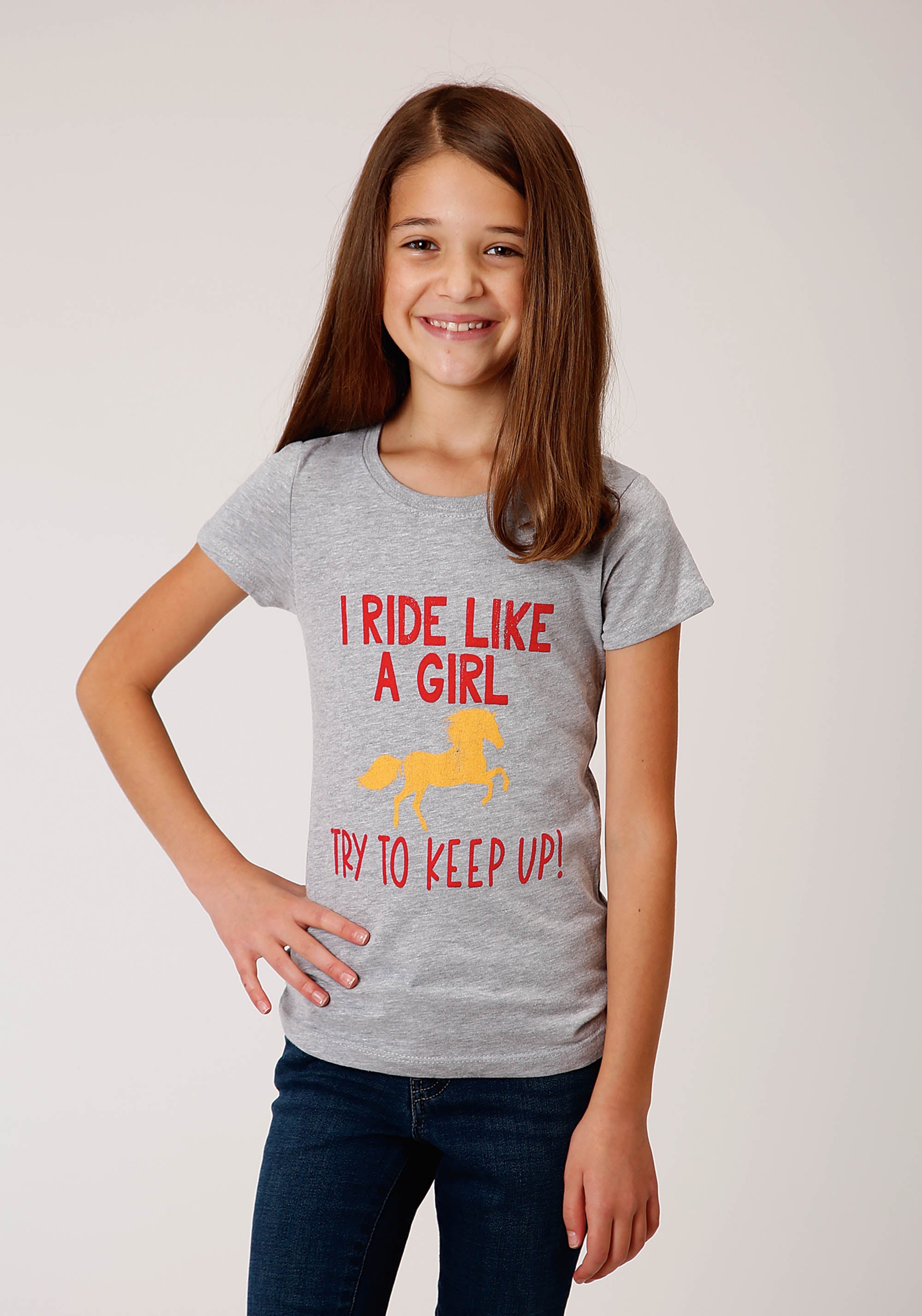 Roper Girls Gray With Ride Like A Girl Screen Print Short Sleeve Knit T-Shirt