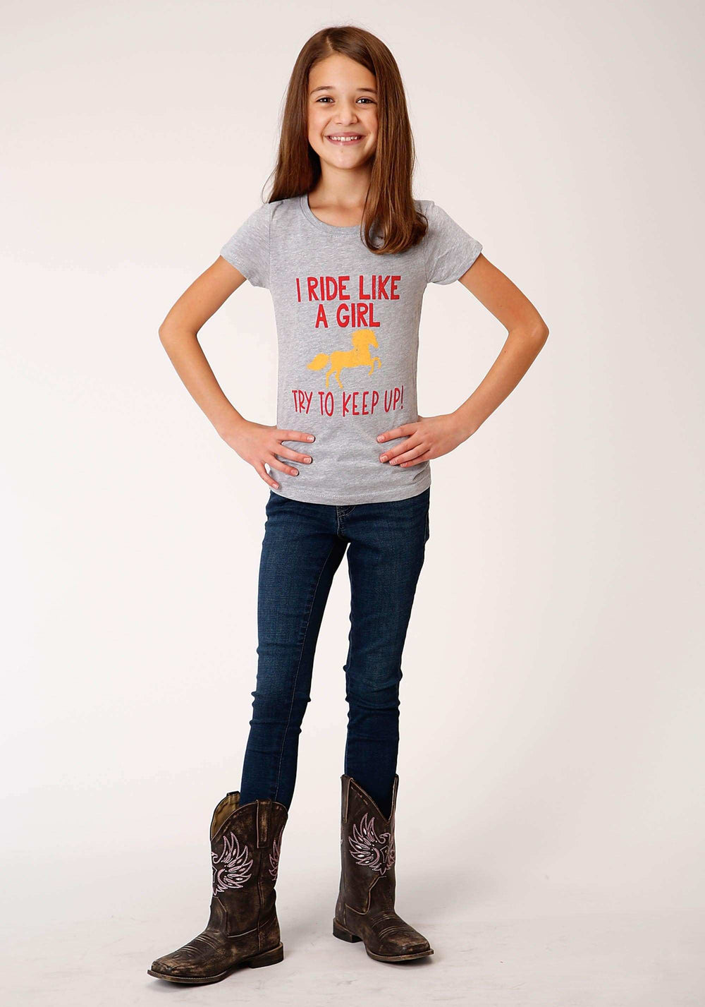 Roper Girls Gray With Ride Like A Girl Screen Print Short Sleeve Knit T-Shirt - Roper - Flyclothing LLC