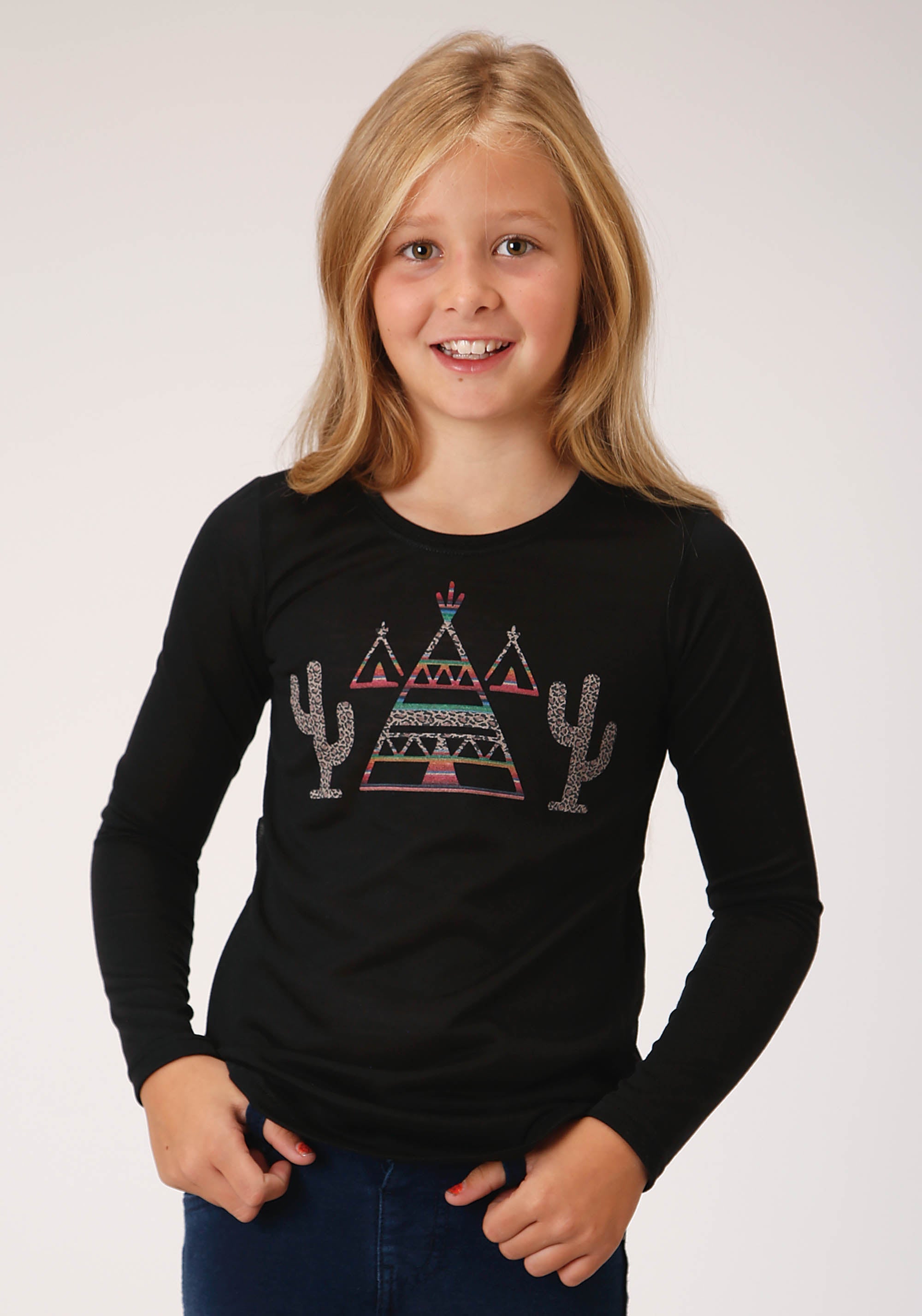Roper Girls Black With Teepee And Cactus Print Long Sleeve Knit T-Shirt