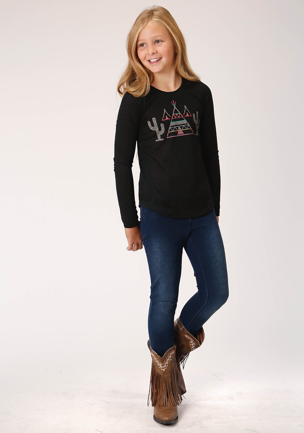 Roper Girls Black With Teepee And Cactus Print Long Sleeve Knit T-Shirt