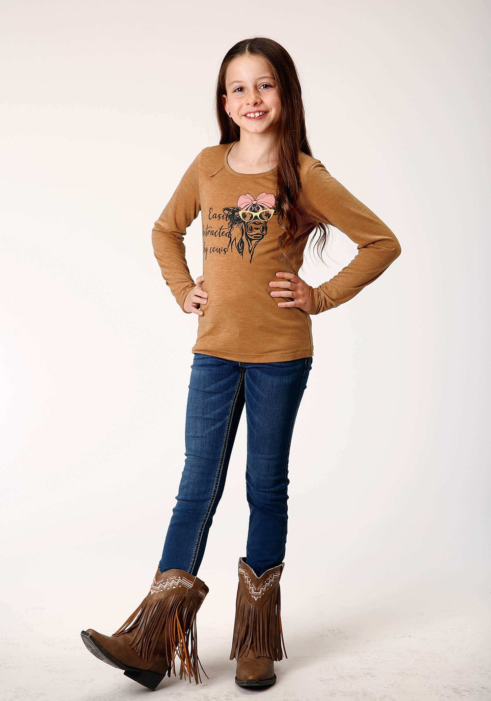 Roper Girls Long Sleeve Knit Poly Rayon Brown Jersey Long Sleeve T T-Shirt - Roper - Flyclothing LLC