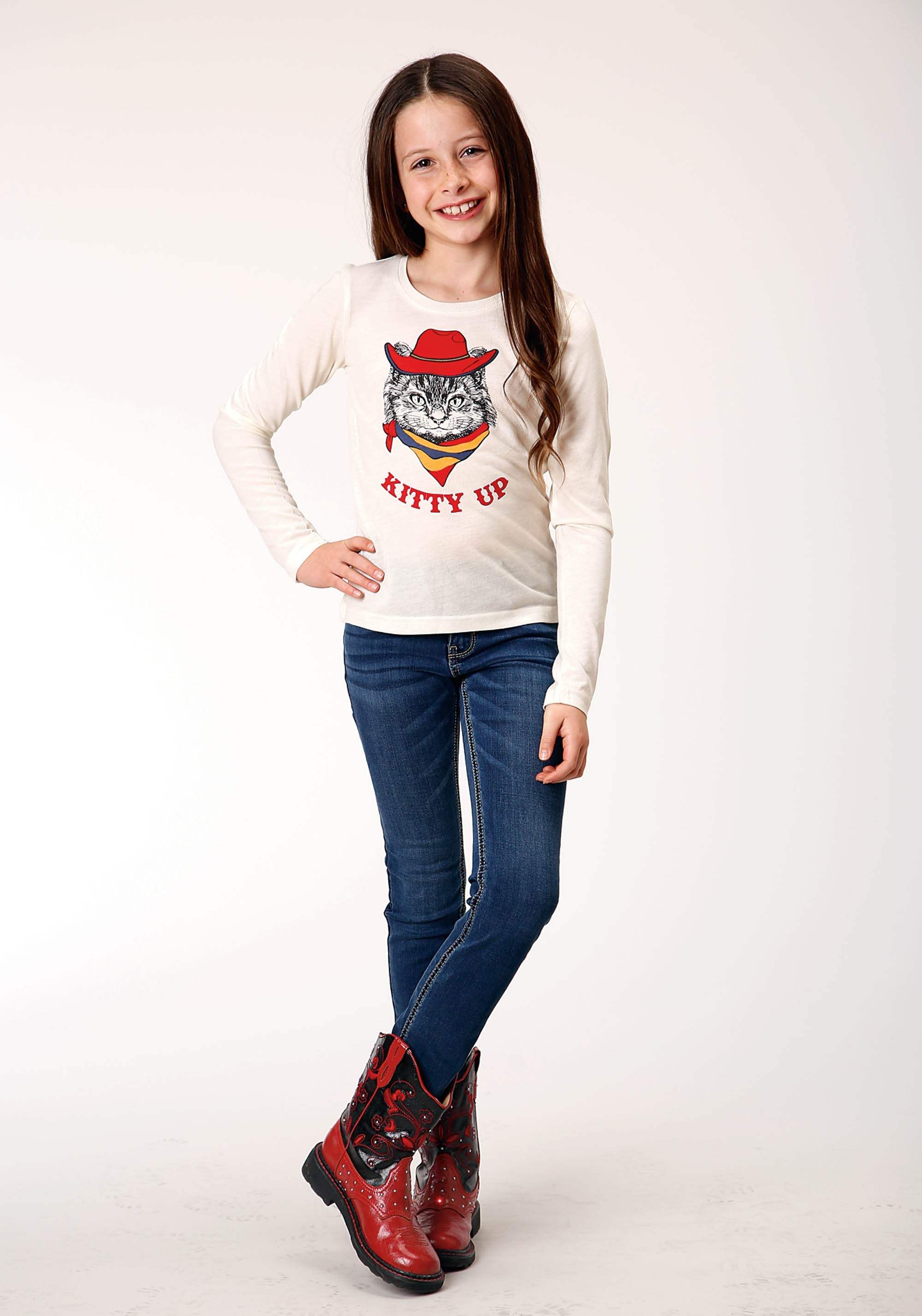 Roper Girls Long Sleeve Knit Poly Rayon Cream Jersey Long Sleeve T T-Shirt - Roper - Flyclothing LLC