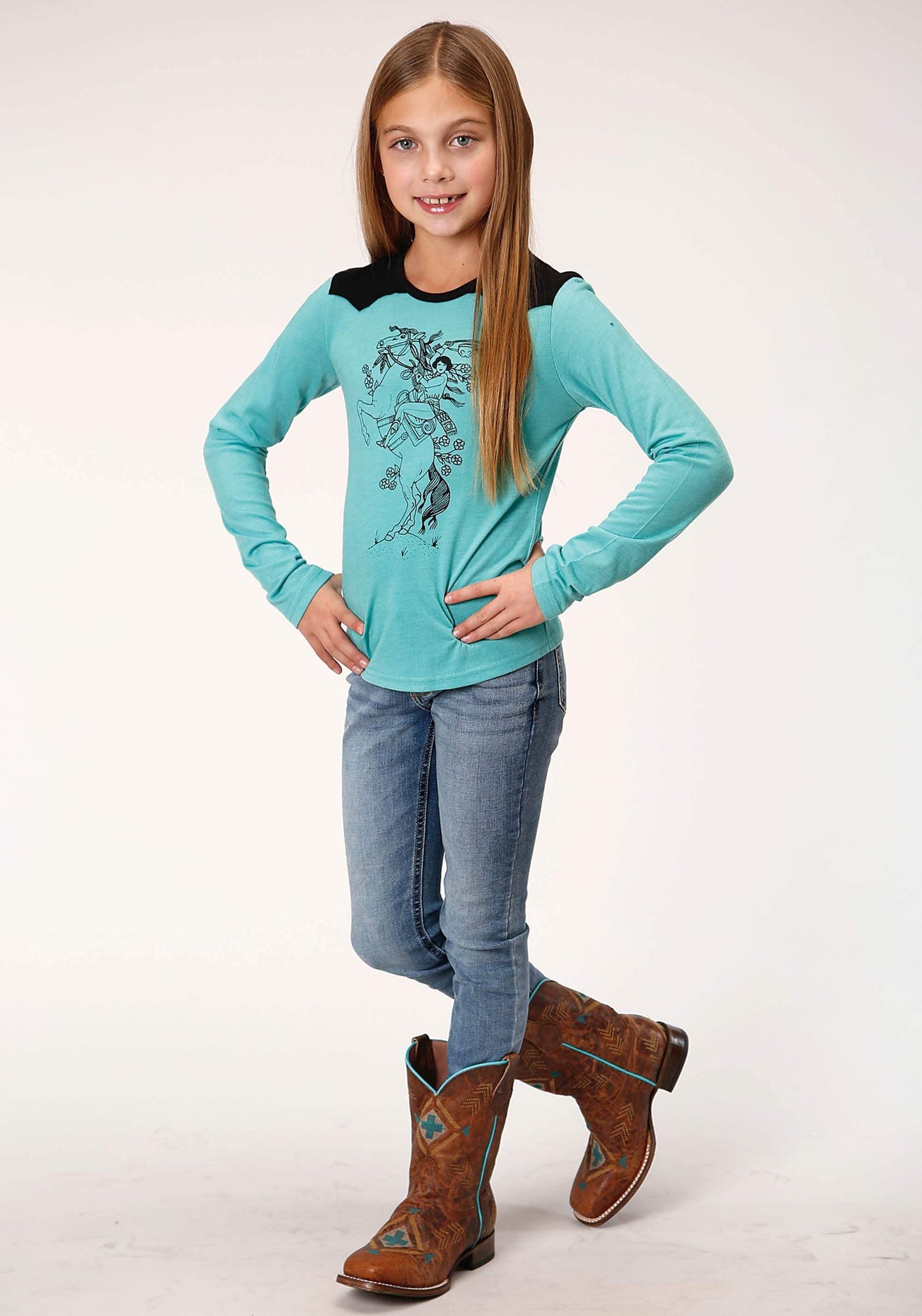 Roper Girls Long Sleeve Knit Poly Rayon Long Sleeve Scoop Neck T T-Shirt - Roper - Flyclothing LLC