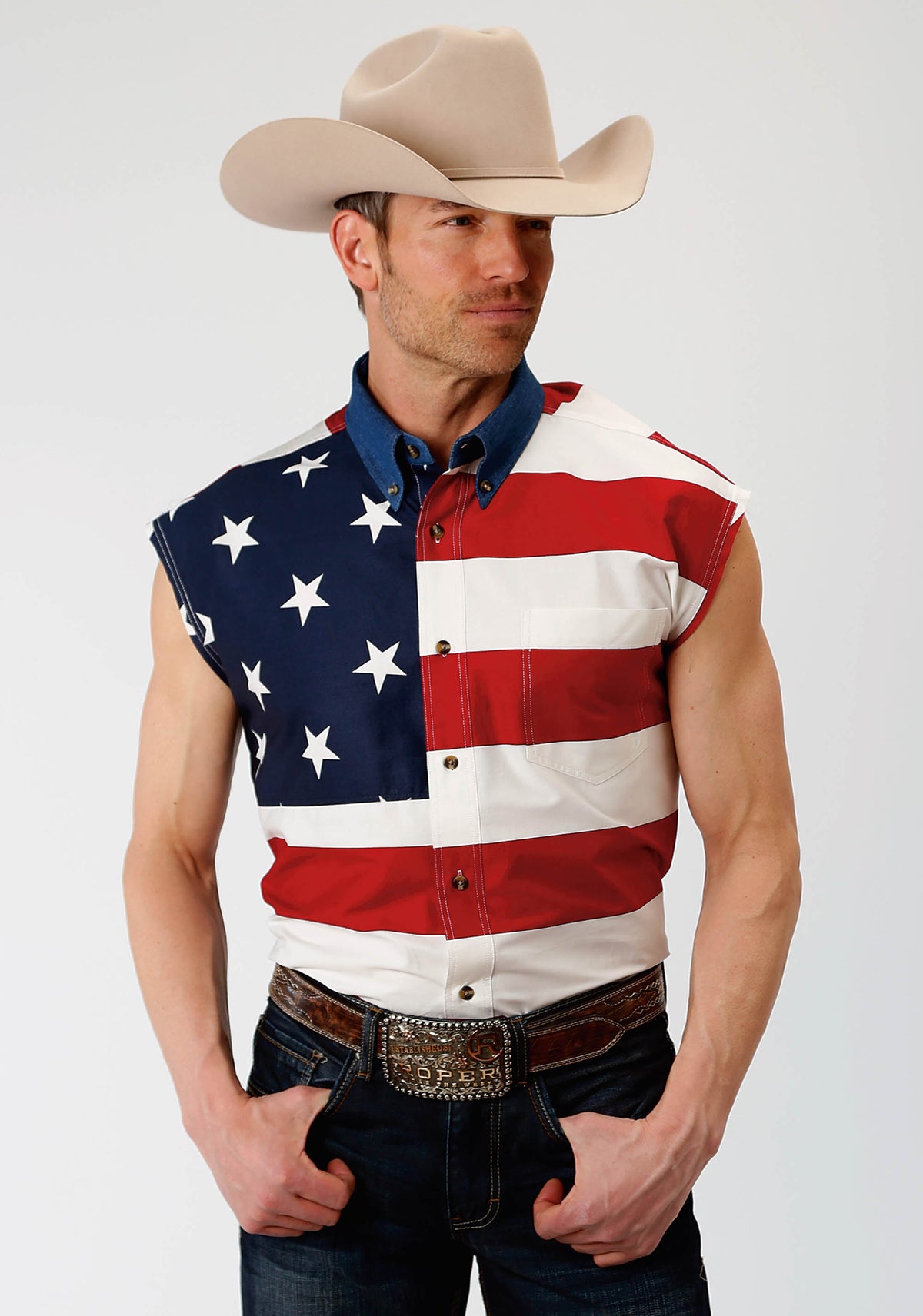 Roper Mens Red White And Blue Stars And Stripes Pieced American Flag Sleeveless Western Snap Shirt