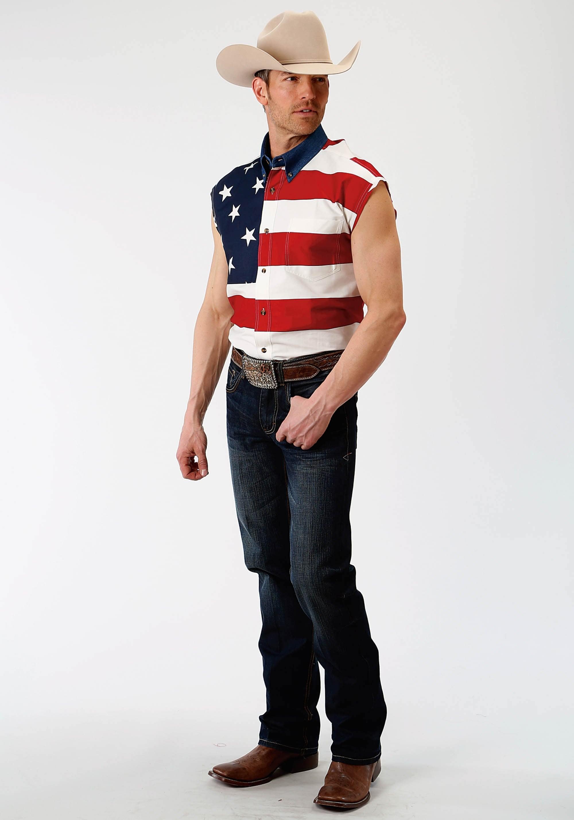 Roper Mens Red White And Blue Stars And Stripes Pieced American Flag Sleeveless Western Snap Shirt