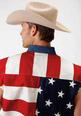 Roper Mens Red White And Blue Stars And Stripes Pieced American Flag Sleeveless Western Snap Shirt - Roper