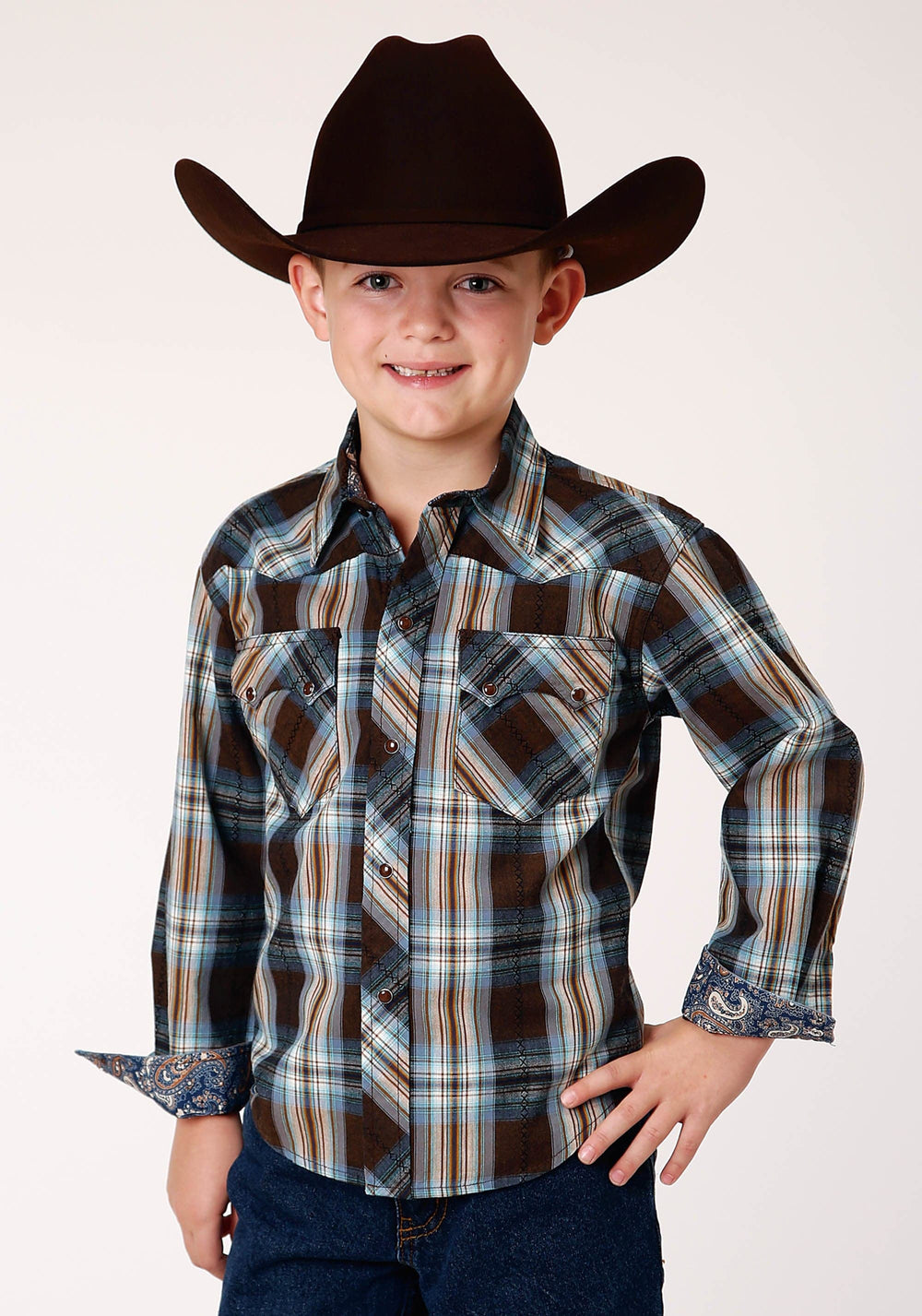 Roper Boys Long Sleeve Snap Crossing Dobby Plaid Western Shirt - Roper