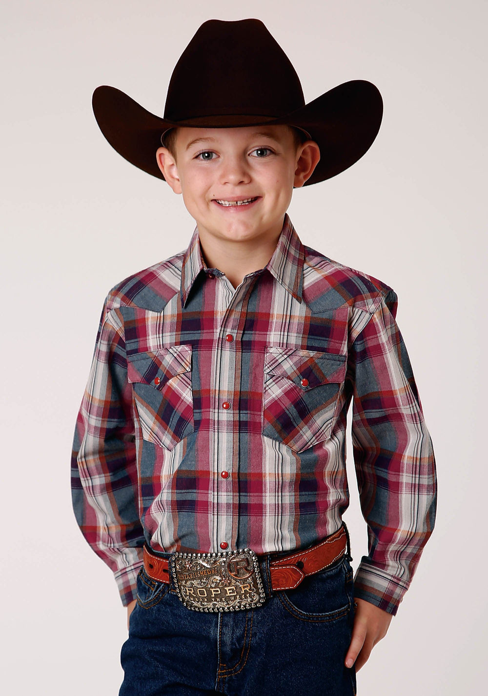 Roper Boys Long Sleeve Snap Honor Plaid Western Shirt - Roper