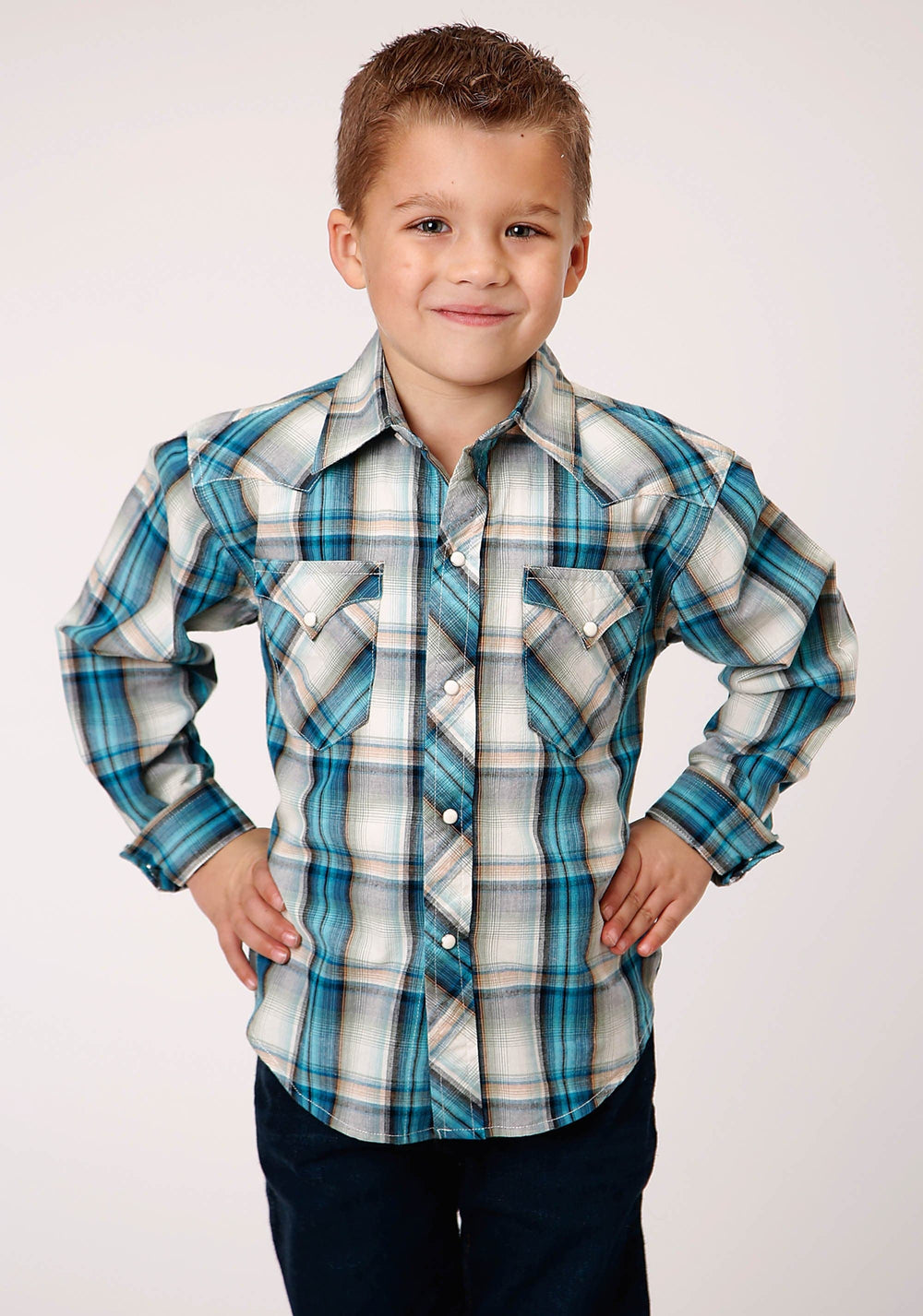 Roper Boys Long Sleeve Snap Vintage Turquoise Plaid Western Shirt - Roper
