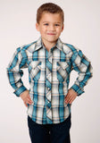 Roper Boys Long Sleeve Snap Vintage Turquoise Plaid Western Shirt - Roper