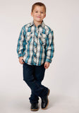 Roper Boys Long Sleeve Snap Vintage Turquoise Plaid Western Shirt - Roper
