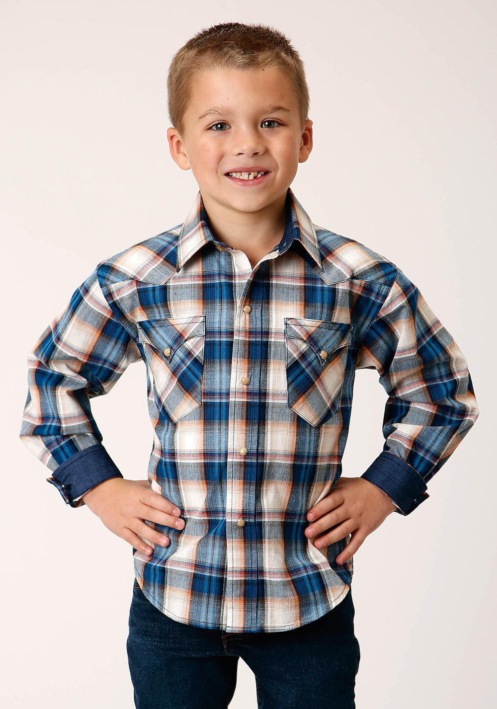 Roper Boys Long Sleeve Snap Denim Plaid Western Shirt - Roper