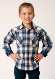 Roper Boys Long Sleeve Snap Denim Plaid Western Shirt - Roper