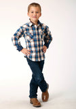 Roper Boys Long Sleeve Snap Denim Plaid Western Shirt - Roper
