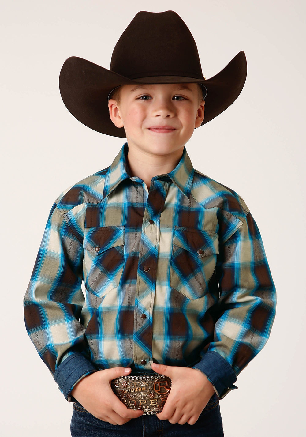 Roper Boys Long Sleeve Snap Brown Arrow Plaid Western Shirt - Roper