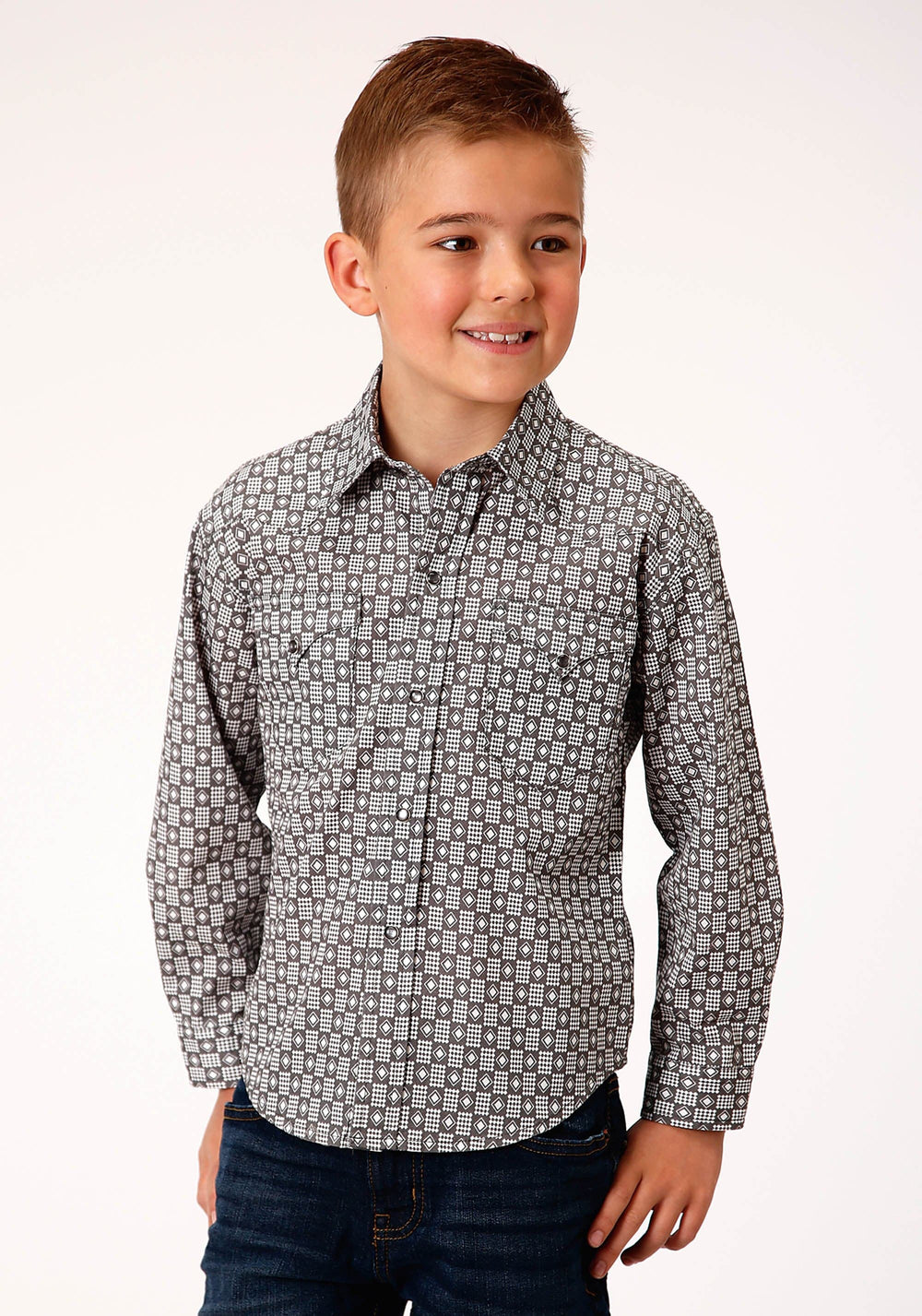 Roper Boys Long Sleeve Snap Checked Diamonds Print Western Shirt - Roper