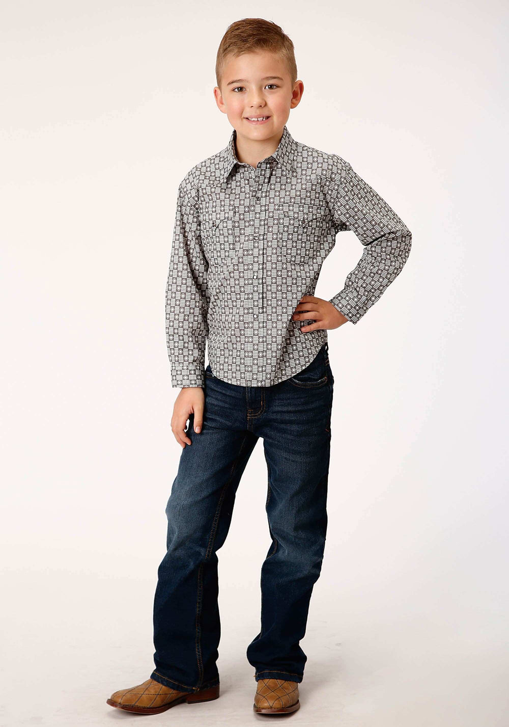 Roper Boys Long Sleeve Snap Checked Diamonds Print Western Shirt - Roper - Flyclothing LLC