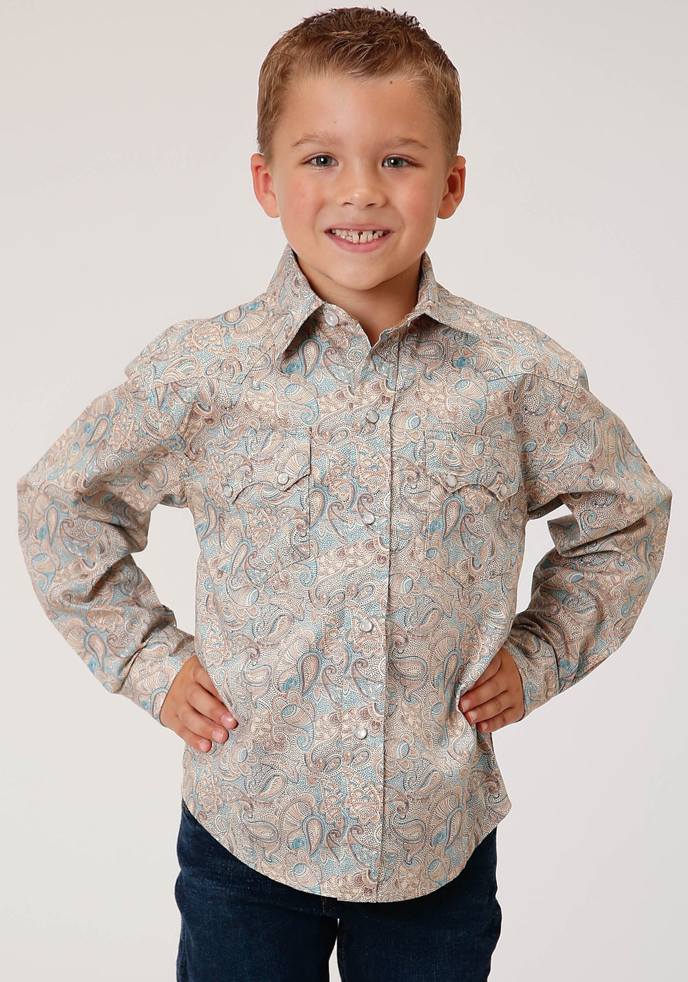 Roper Boys Long Sleeve Snap Dot Paisley Print Western Shirt - Roper