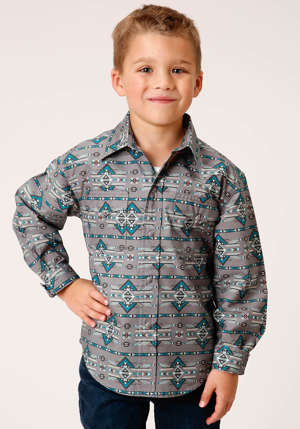 Roper Boys Long Sleeve Snap Geometric Aztec Western Shirt - Roper