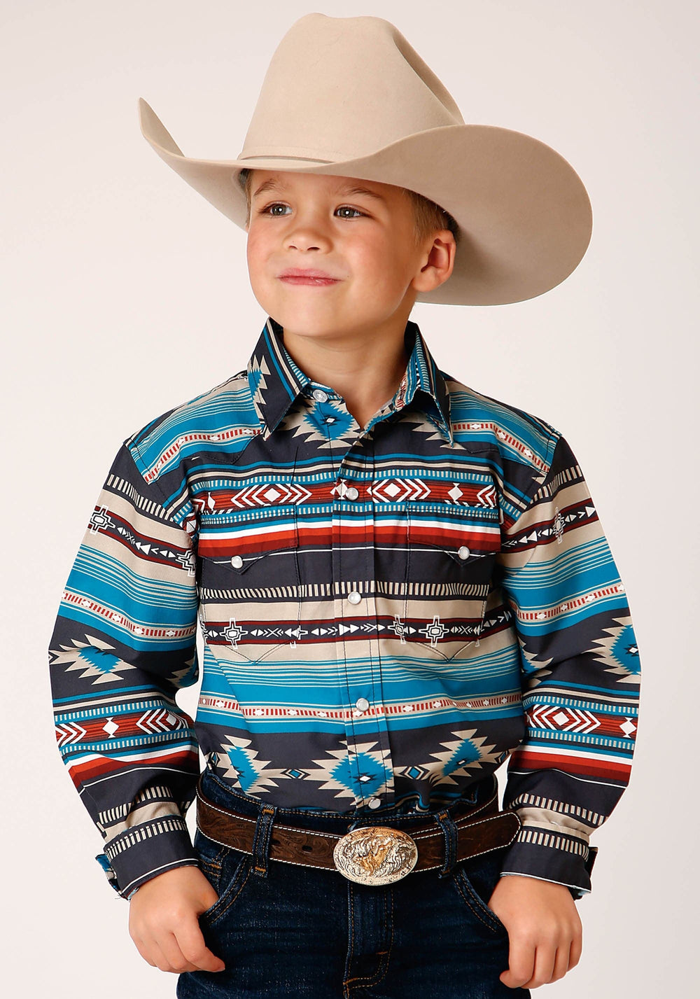 Roper Boys Long Sleeve Snap Aztec Blanket Print Western Shirt - Roper