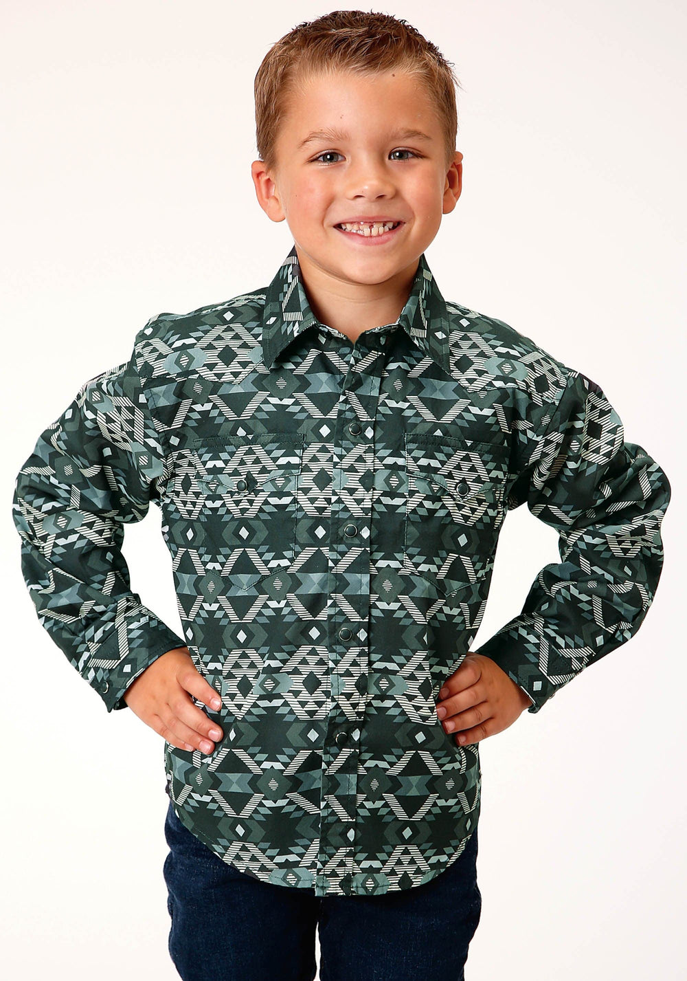 Roper Boys Long Sleeve Snap Slate Aztec Print Western Shirt - Roper