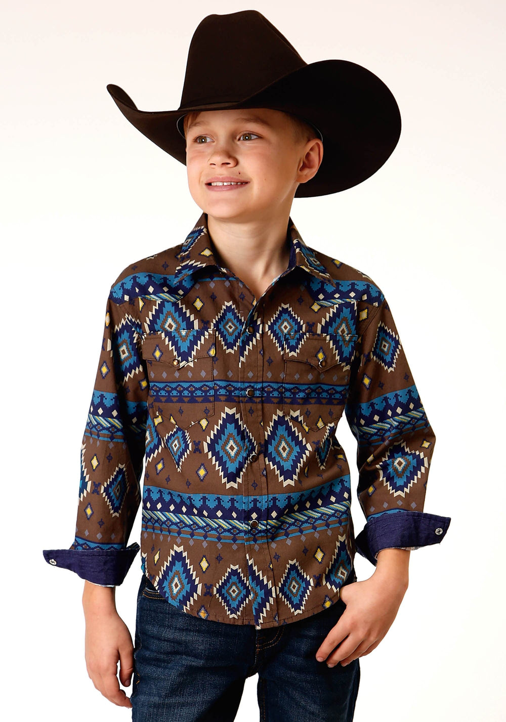 Roper Boys Long Sleeve Snap Chocolate Aztec Print Western Shirt - Roper