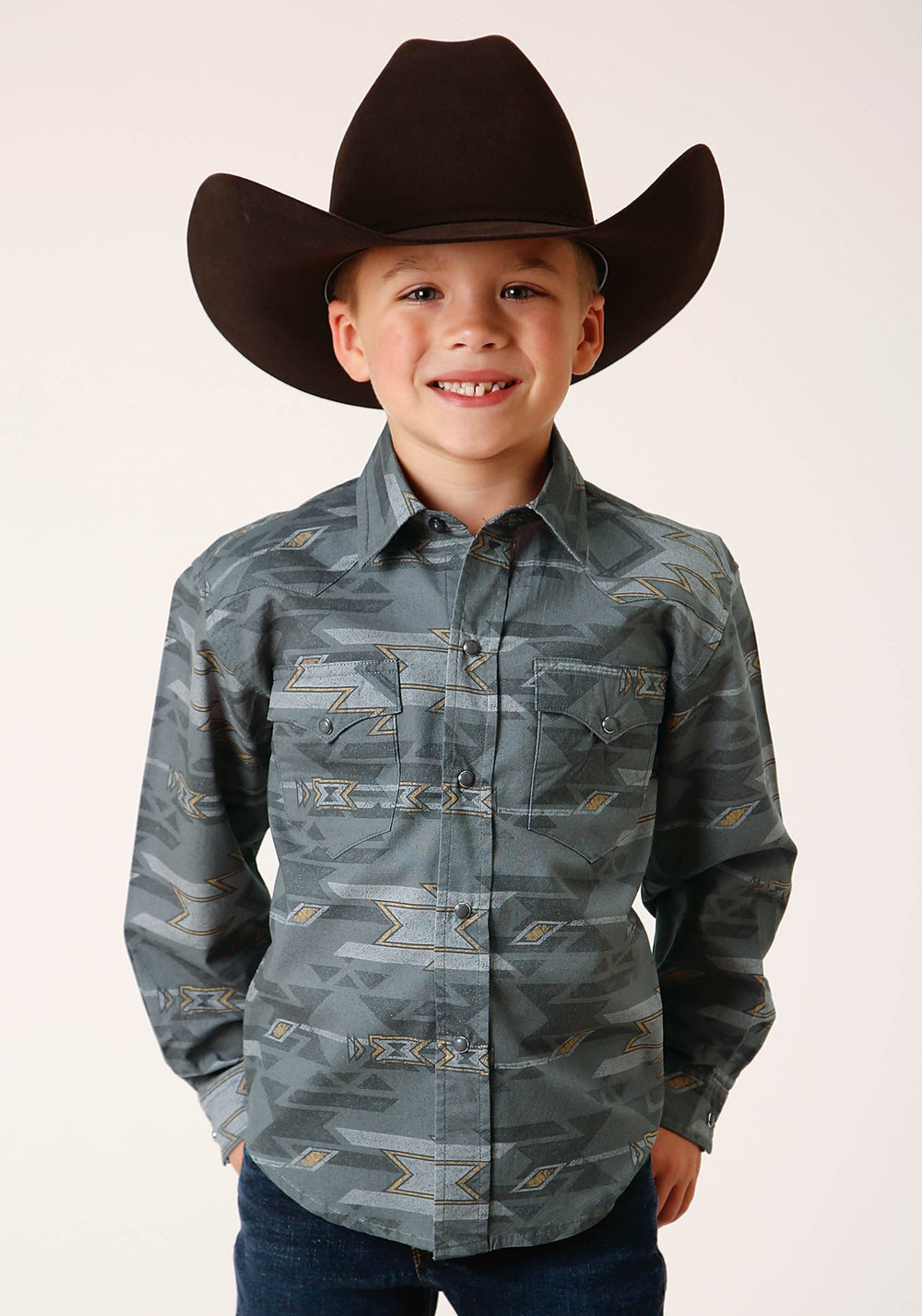 Roper Boys Long Sleeve Snap Gray Fog Aztec Print Western Shirt - Roper