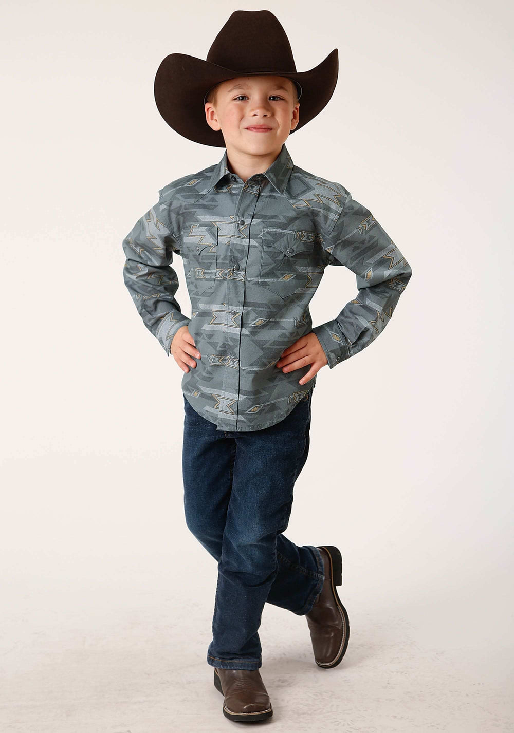 Roper Boys Long Sleeve Snap Gray Fog Aztec Print Western Shirt - Roper - Flyclothing LLC