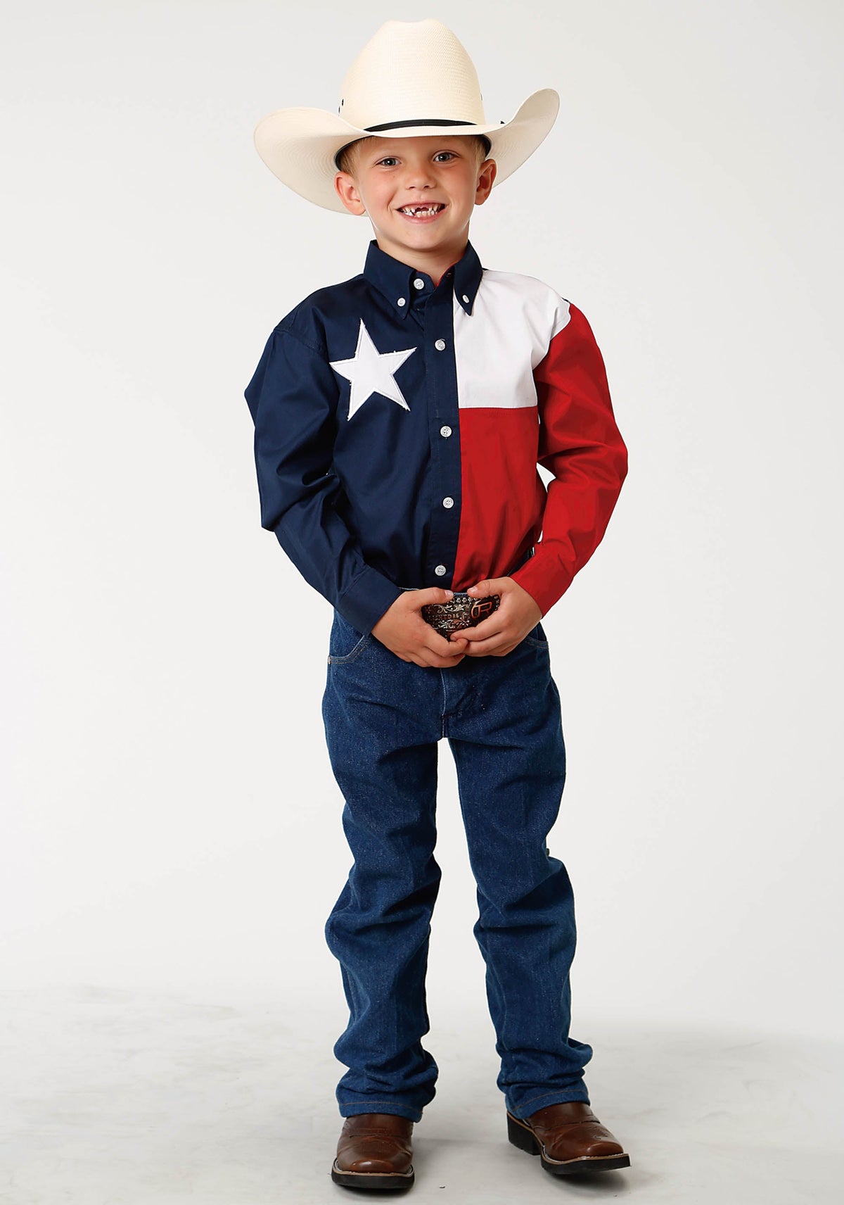 Roper Boys Red White And Blue Pieced Texas Flag Long Sleeve Western Snap Shirt