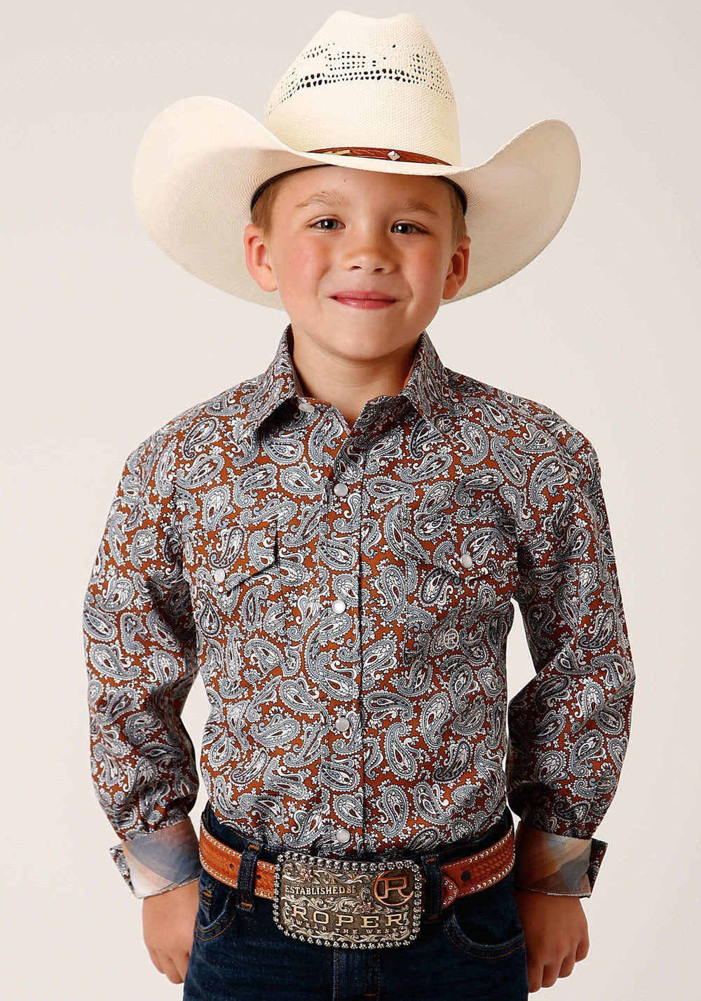 Roper Boys Long Sleeve Snap Copper Spring Paisley Western Shirt - Roper