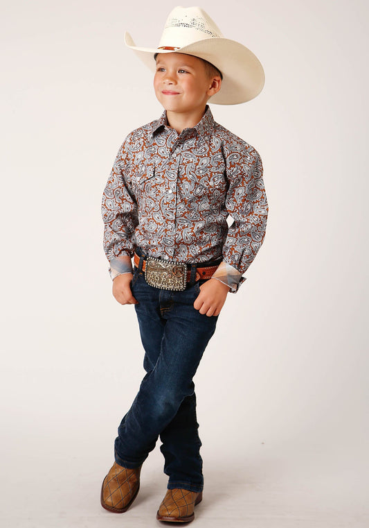 Roper Boys Long Sleeve Snap Copper Spring Paisley Western Shirt - Roper