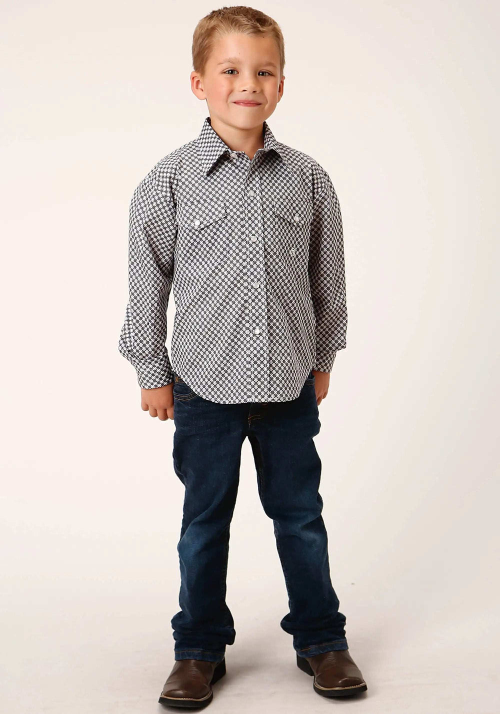 Roper Boys Long Sleeve Snap Diamond Star Geo Grey Western Shirt - Roper - Flyclothing LLC