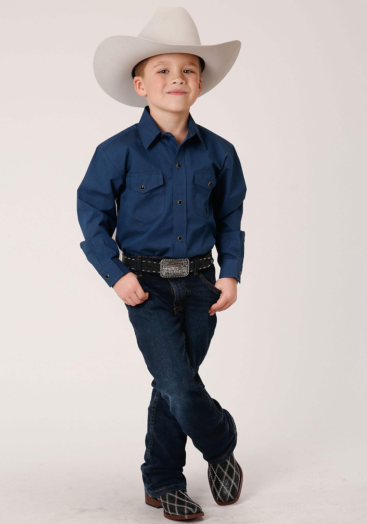 Roper Boys Long Sleeve Snap Black Fill Solid Blue Western Shirt - Roper - Flyclothing LLC