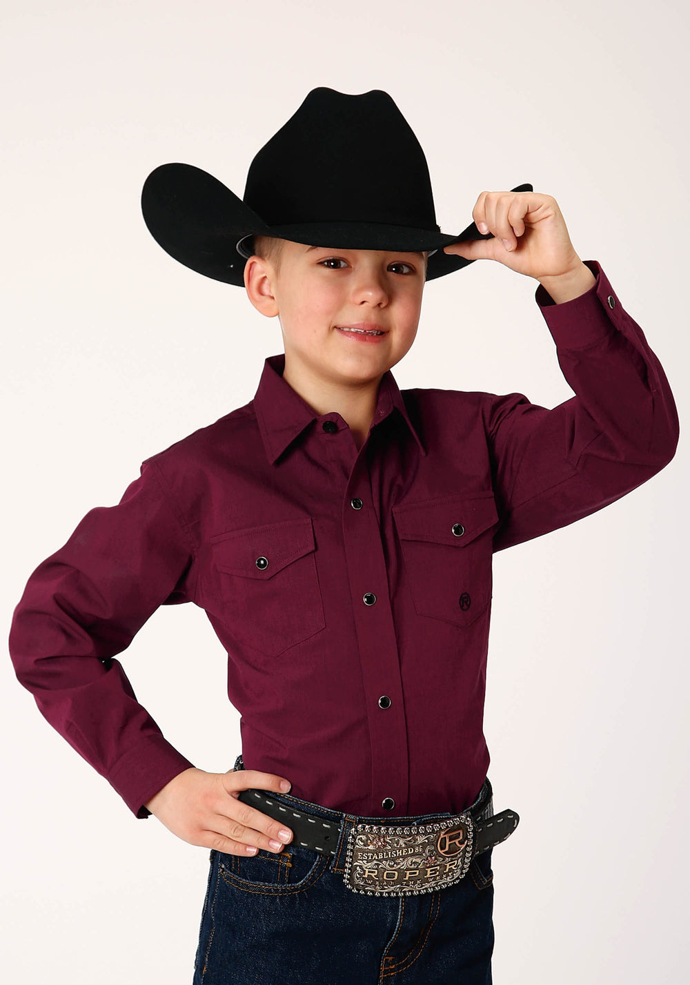 Roper Boys Long Sleeve Snap Black Fill Solid Wine Western Shirt - Roper